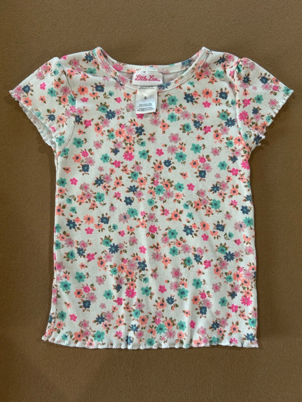 Little Lass White Ribbed Tee with Pink & Teal Floral Print